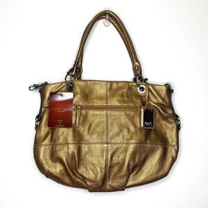 NWT Tignanello Leather Tote Bag Brass Gold Metallic Pebbled Shoulder Purse